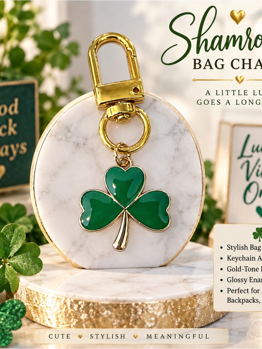 Gold-Tone Shamrock Bag Charm Keychain in Green